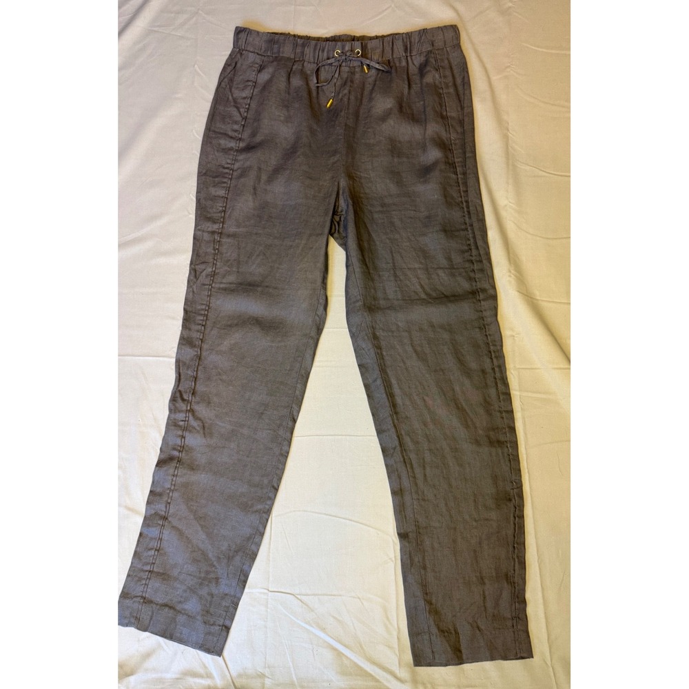 Ellen Tracy Linen Pants Women's Medium Gray Drawstring Straight Leg